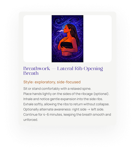 Card: Breathwork — Lateral Rib Opening Breath, exploratory side-focused practice