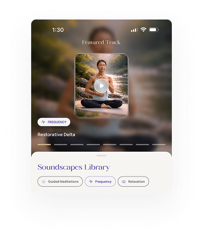 App screen: Soundscapes Library with guided meditations, frequency and relaxation tracks
