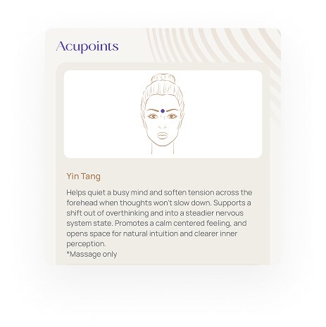 Card: Acupoints — Yin Tang point, calms a busy mind and softens forehead tension