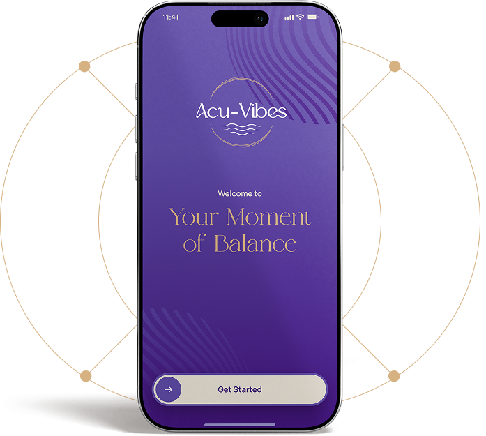 Acu-Vibes app welcome screen on a phone — Your Moment of Balance